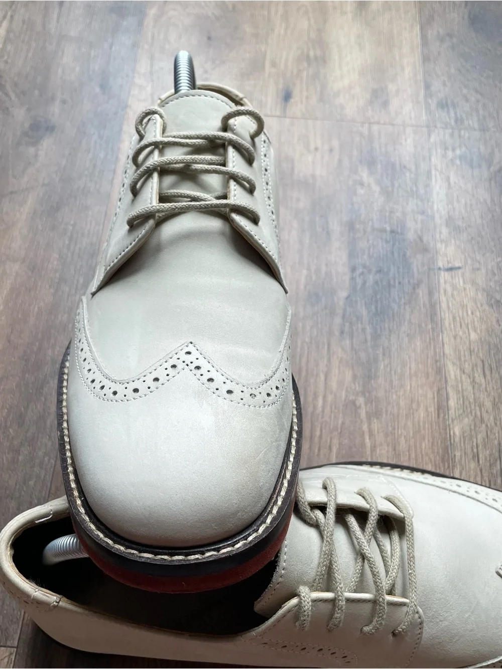 Johnston & Murphy Cream Wingtip Derby with Red-Brown Sole
